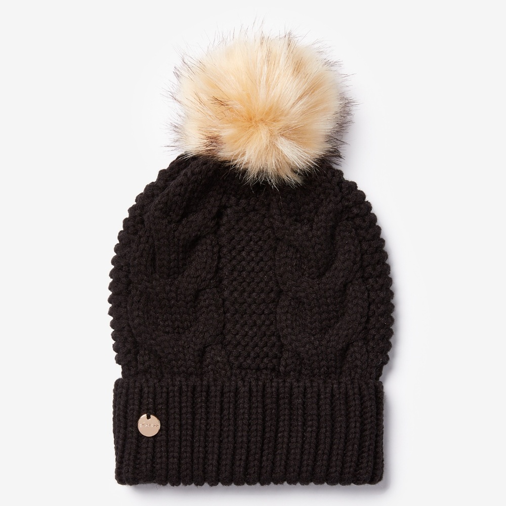 Express Black Cable Knit Pom Beanie Hat